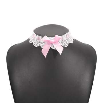 Hoodiess Kenfery Vintage Bow-Knot Choker Necklace Sexy Lace Collar Necklace Cute Pink Prom Party Ball Wedding Necklace for Women (Pink)