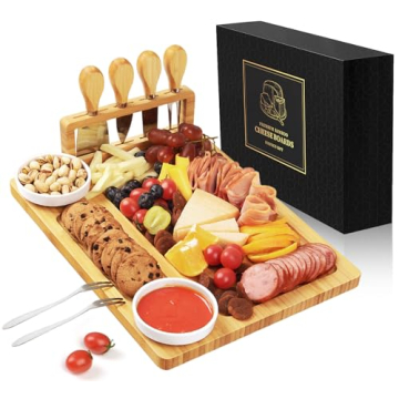 Bamboo charcuterie boards Gift Set - Serving Meat Cheese Board, Charcuterie Board Set with 4 Stainle...