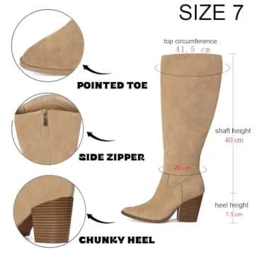 MeiLuSi Womens Knee High Boots,Fall Boots for Women 2024,Slouchy Suede Boots Chunky Heel Slouch Boots Wide Calf Tall Boots Side Zipper Size 6 Aprocot