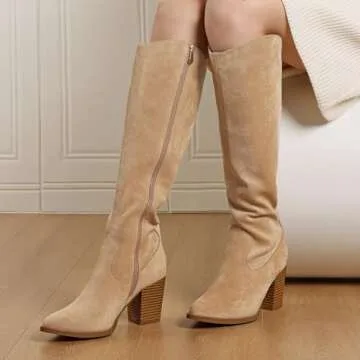 MeiLuSi Womens Knee High Boots,Fall Boots for Women 2024,Slouchy Suede Boots Chunky Heel Slouch Boots Wide Calf Tall Boots Side Zipper Size 6 Aprocot