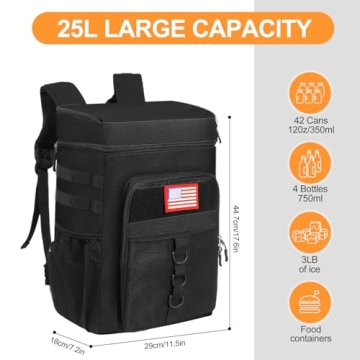 Tactical Backpack Cooler, 25L Cooler Backpack Insulated Leak-Proof, Heavy Duty Large Lunch Backpack, Waterproof Ice Chest Backpack, Cooler Lunch Backpack for Hiking,Travel, Outdoor,Black