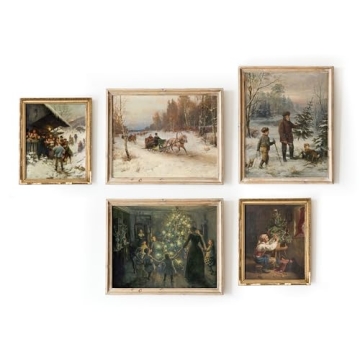 Gallery Wall Art Set 5 Vintage Christmas Prints, Winter Wall Art, Christmas Prints Wall Decor, Lands...