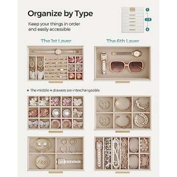 SONGMICS Jewelry Box with Glass Lid, 6-Layer Jewelry Organizer, 5 Drawers, for Sunglasses, Big Jewelry, Jewelry Storage, Modern Style, Cloud White and Gold Color UJBC171W01