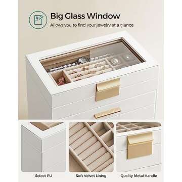 SONGMICS Jewelry Box with Glass Lid, 6-Layer Jewelry Organizer, 5 Drawers, for Sunglasses, Big Jewelry, Jewelry Storage, Modern Style, Cloud White and Gold Color UJBC171W01
