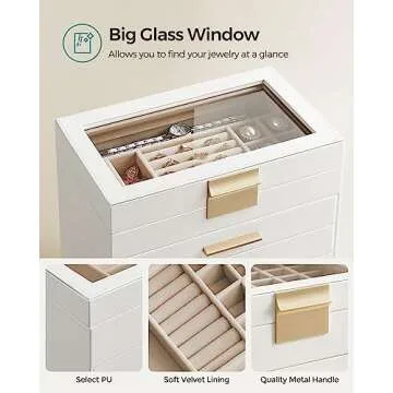 SONGMICS Jewelry Box with Glass Lid, 6-Layer Jewelry Organizer, 5 Drawers, for Sunglasses, Big Jewelry, Jewelry Storage, Modern Style, Cloud White and Gold Color UJBC171W01