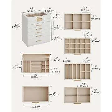 SONGMICS Jewelry Box with Glass Lid, 6-Layer Jewelry Organizer, 5 Drawers, for Sunglasses, Big Jewelry, Jewelry Storage, Modern Style, Cloud White and Gold Color UJBC171W01