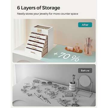 SONGMICS Jewelry Box with Glass Lid, 6-Layer Jewelry Organizer, 5 Drawers, for Sunglasses, Big Jewelry, Jewelry Storage, Modern Style, Cloud White and Gold Color UJBC171W01