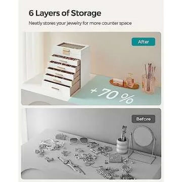 SONGMICS Jewelry Box with Glass Lid, 6-Layer Jewelry Organizer, 5 Drawers, for Sunglasses, Big Jewelry, Jewelry Storage, Modern Style, Cloud White and Gold Color UJBC171W01