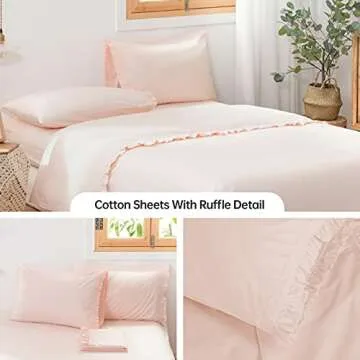 Simple&Opulence 100% Cotton Sheet Set Ruffle- 4Pcs (1 Flat Sheet 1 Fitted Sheet 2 Pillowcases) Bed Sheets Soft French Country Shabby Chic Vintage Bedding Set Aesthetic Farmhouse (Blush Pink, Full)