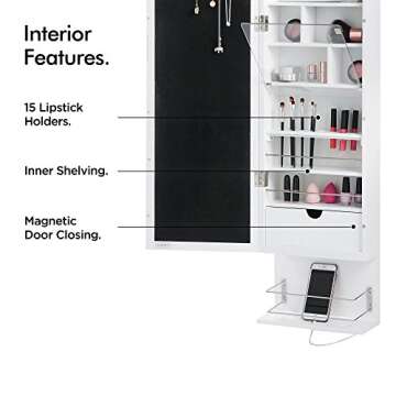 Beautify Mirrored Jewelry Cabinet Armoire Storage Organizer Wall Mounted Over The Door with Soft Glow Lights and Cosmetic Makeup Storage Compartments, Inside Mirror - White