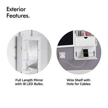 Beautify Mirrored Jewelry Cabinet Armoire Storage Organizer Wall Mounted Over The Door with Soft Glow Lights and Cosmetic Makeup Storage Compartments, Inside Mirror - White