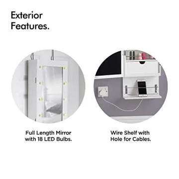 Beautify Mirrored Jewelry Cabinet Armoire Storage Organizer Wall Mounted Over The Door with Soft Glow Lights and Cosmetic Makeup Storage Compartments, Inside Mirror - White