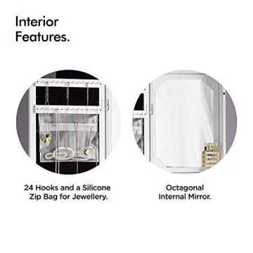 Beautify Mirrored Jewelry Cabinet Armoire Storage Organizer Wall Mounted Over The Door with Soft Glow Lights and Cosmetic Makeup Storage Compartments, Inside Mirror - White