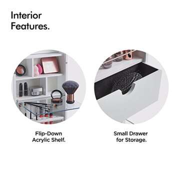 Beautify Mirrored Jewelry Cabinet Armoire Storage Organizer Wall Mounted Over The Door with Soft Glow Lights and Cosmetic Makeup Storage Compartments, Inside Mirror - White