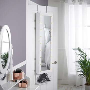 Beautify Mirrored Jewelry Cabinet Armoire Storage Organizer Wall Mounted Over The Door with Soft Glow Lights and Cosmetic Makeup Storage Compartments, Inside Mirror - White