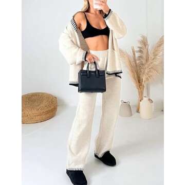 TBETNE Women’s 2 Piece Outfits Lounge Set Knit Cardigan Sweater and High Waist Pants Matching Loungewear(Beige, Large)