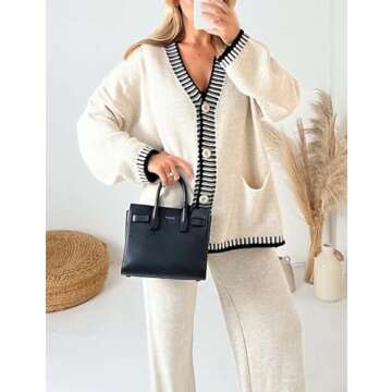 TBETNE Women’s 2 Piece Outfits Lounge Set Knit Cardigan Sweater and High Waist Pants Matching Loungewear(Beige, Large)