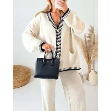 TBETNE Women’s 2 Piece Outfits Lounge Set Knit Cardigan Sweater and High Waist Pants Matching Loungewear(Beige, Large)