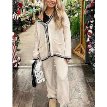 TBETNE Women’s 2 Piece Outfits Lounge Set Knit Cardigan Sweater and High Waist Pants Matching Loungewear(Beige, Large)