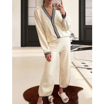 TBETNE Women’s 2 Piece Outfits Lounge Set Knit Cardigan Sweater and High Waist Pants Matching Loungewear(Beige, Large)