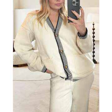 TBETNE Women’s 2 Piece Outfits Lounge Set Knit Cardigan Sweater and High Waist Pants Matching Loungewear(Beige, Large)