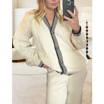 TBETNE Women’s 2 Piece Outfits Lounge Set Knit Cardigan Sweater and High Waist Pants Matching Loungewear(Beige, Large)