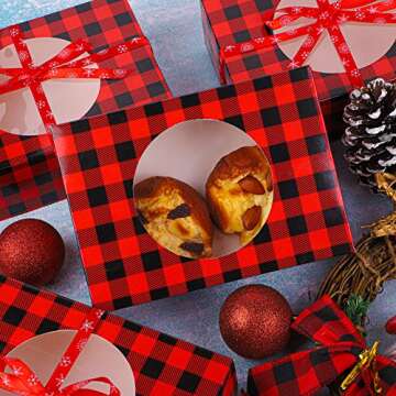 Aneco 12 Pack Christmas Cookie Boxes with Window Red and Black Plaid Holiday Treat Boxes Paper Food Boxes Xmas Gift Bags Cake Candy for Gift Giving Bakery Packaging Containers