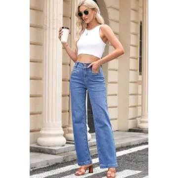 Sidefeel Women's Wide Leg Jeans High Waisted Straight Leg Stretchy Jeans Tummy Control Trendy Loose Ankle Jeans Sky Blue Size 16