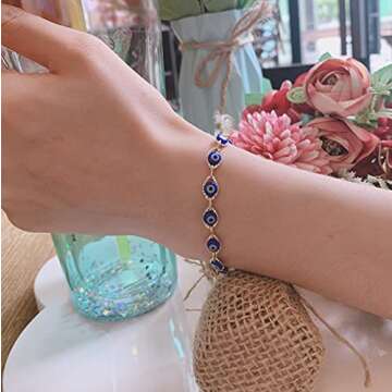 Reaowazo Evil Eye Bracelet for Women Blue Eye Anklet Link Chain Bracelets 14K Gold Adjustable Charm Jewelry Gift Gold