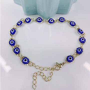 Reaowazo Evil Eye Bracelet for Women Blue Eye Anklet Link Chain Bracelets 14K Gold Adjustable Charm Jewelry Gift Gold