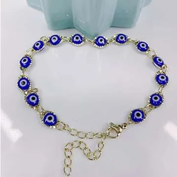 Reaowazo Evil Eye Bracelet for Women Blue Eye Anklet Link Chain Bracelets 14K Gold Adjustable Charm Jewelry Gift Gold