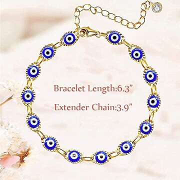 Reaowazo Evil Eye Bracelet for Women Blue Eye Anklet Link Chain Bracelets 14K Gold Adjustable Charm Jewelry Gift Gold