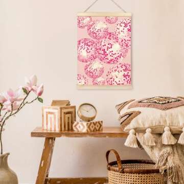 TAEDIN Preppy Disco Ball Wall Art Poster Hanger Frame - Pink Trendy Preppy Wall Art with Wood Frames, Funky Wall Hanging Decor for Teen Girl's Room Apartment College Dorm, 12x16 Inches