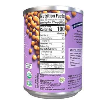 WESTBRAE 15 oz Natural Organic Lentil Beans, No Salt Added, Source of Plant Based Protein and Fiber, Low Fat, Gluten Free, (Pack of 12)
