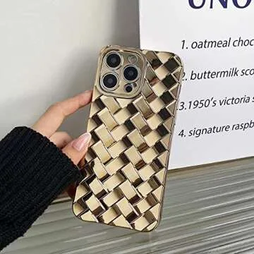 LEMONCOVER for iPhone Case Cute 3D Weave Plated Design Soft TPU Silicone Camera Screen Protect Bumper for Women Girls Slim Reinforced Shockproof (Shiny Gold,iPhone 13 Pro Max)