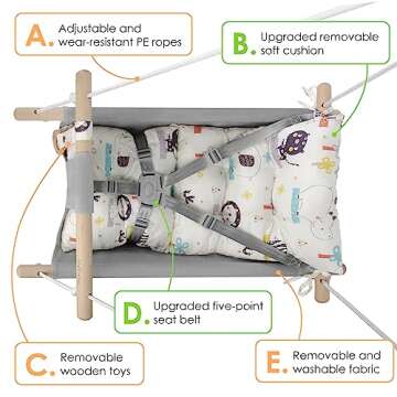 Baby Swing for Baby and Toddler, Canvas Baby Hammock Swing Indoor and Outdoor with Safety Belt and Mounting Hardware, Wooden Hanging Swing Seat Chair for Baby up to 3 Years -Cute Animal