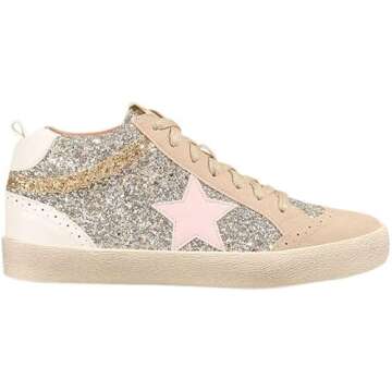 Mi.iM Daisy Rubber Sole Lace-up Glitter Suede Mid Star Sneakers (9, Light Gold Pink Star)