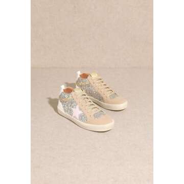 Mi.iM Daisy Rubber Sole Lace-up Glitter Suede Mid Star Sneakers (9, Light Gold Pink Star)