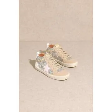 Mi.iM Daisy Rubber Sole Lace-up Glitter Suede Mid Star Sneakers (9, Light Gold Pink Star)