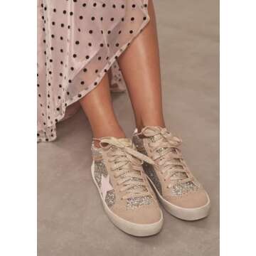 Mi.iM Daisy Rubber Sole Lace-up Glitter Suede Mid Star Sneakers (9, Light Gold Pink Star)