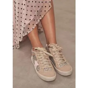 Mi.iM Daisy Rubber Sole Lace-up Glitter Suede Mid Star Sneakers (9, Light Gold Pink Star)