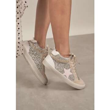Mi.iM Daisy Rubber Sole Lace-up Glitter Suede Mid Star Sneakers (9, Light Gold Pink Star)