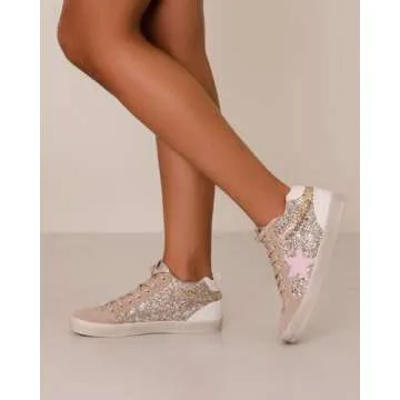 Mi.iM Daisy Rubber Sole Lace-up Glitter Suede Mid Star Sneakers (9, Light Gold Pink Star)