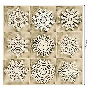 Sggvecsy Unfinished Wooden Snowflakes Ornaments, 36Pcs Christmas Tree Hanging Decoration Wood Cutouts DIY Craft Snowflake Shaped Embellishments Xmas Rustic Crafts with Twine (4 inch)
