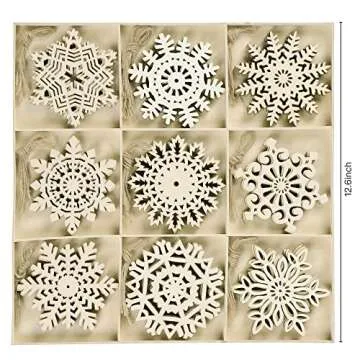 Sggvecsy Unfinished Wooden Snowflakes Ornaments, 36Pcs Christmas Tree Hanging Decoration Wood Cutouts DIY Craft Snowflake Shaped Embellishments Xmas Rustic Crafts with Twine (4 inch)