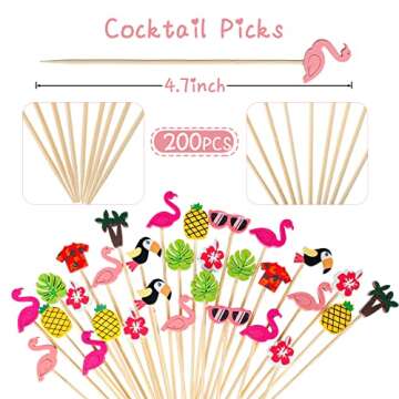 Hawaiian Luau Assorted Picks Tropical Cocktail Bamboo Toothpicks Flamingo Pineapple Beach Toucan Pal...