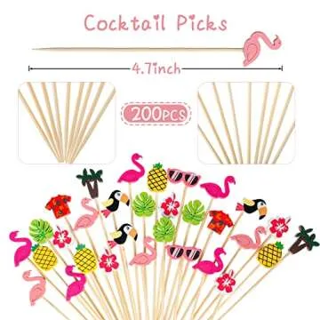 Hawaiian Luau Assorted Picks Tropical Cocktail Bamboo Toothpicks Flamingo Pineapple Beach Toucan Pal...