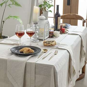 EVERLY Pure Linen Hemstitch Tablecloth,100%Stonewashed French Linen tablecloths for Kitchen Dining Rectangle tables,60x120Inch Machine Washable Christmas Thanksgiving Organic Tablecloth-Natural Linen
