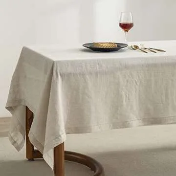 EVERLY Pure Linen Hemstitch Tablecloth,100%Stonewashed French Linen tablecloths for Kitchen Dining Rectangle tables,60x120Inch Machine Washable Christmas Thanksgiving Organic Tablecloth-Natural Linen