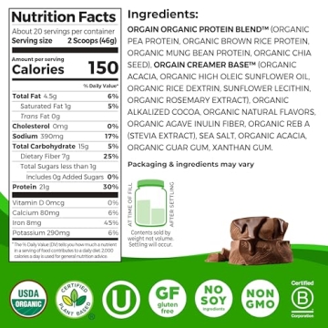 Orgain Organic Vegan Protein Powder Creamy Chocolate Fudge
